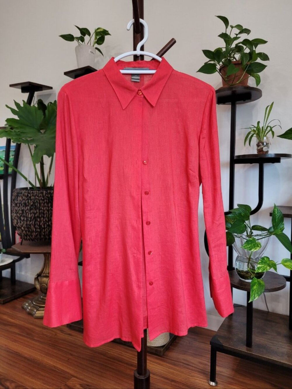 Ellen Tracy Womens Coral Pink 100% Linen Button Down Tunic Shirt Top, Size L